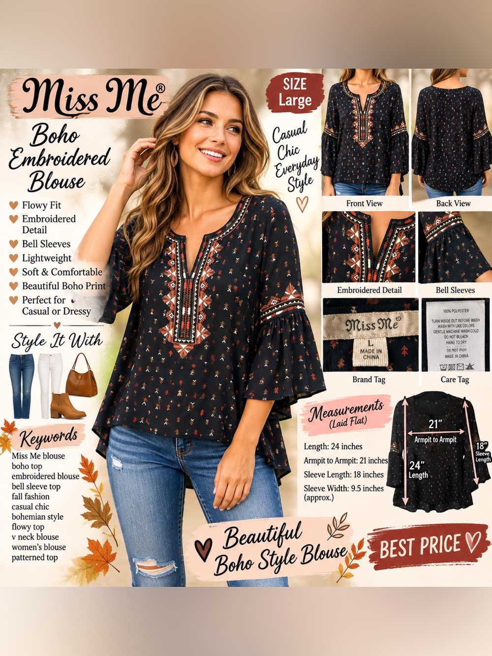 Miss Me Black Embroidered Boho Tunic with Rust and Cream Accents
